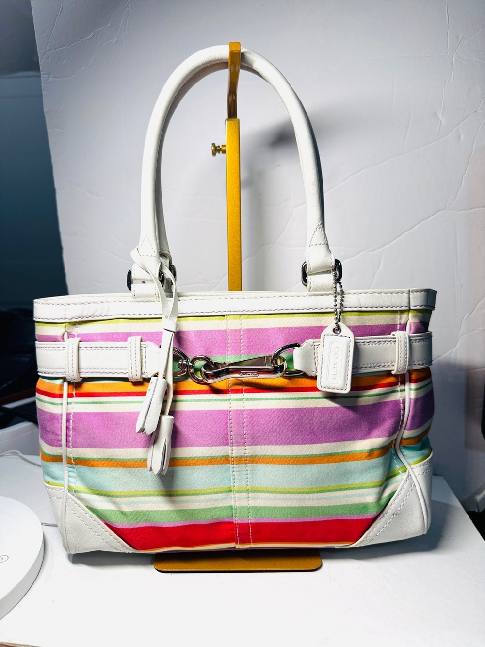 Coach Multicolor Striped Tote with White Leather Trim Hampton with tassel